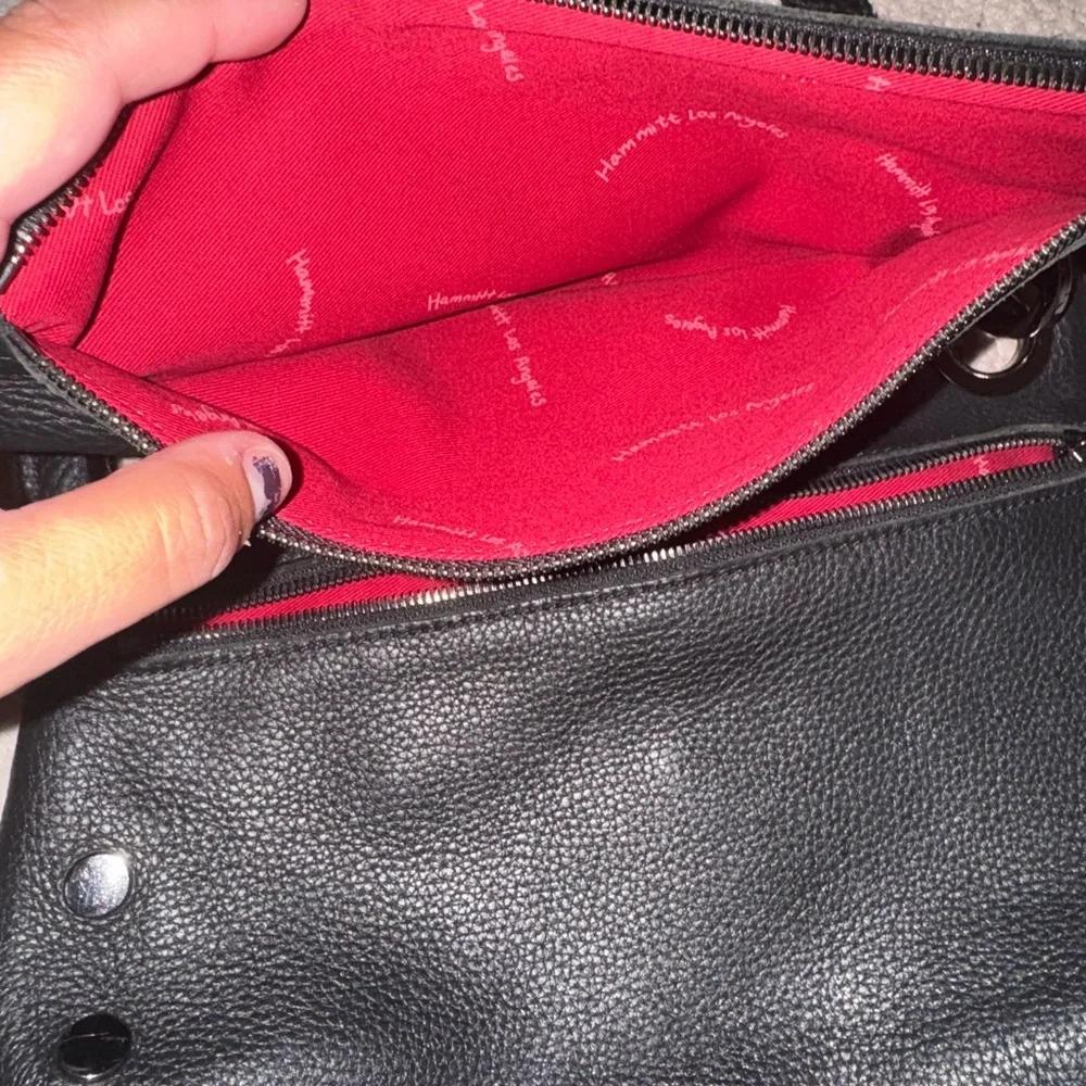 Hammitt Bags VIP Montana Pebbled Leather Fold Crossbody Bag Black Red gunmetal - Picture 6 of 13